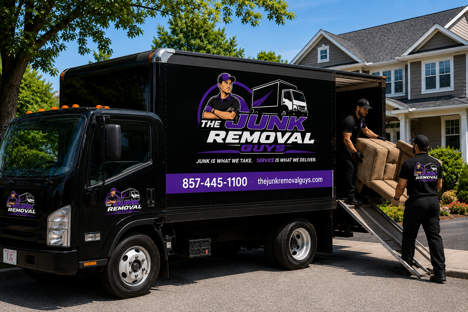 The Junk Removal Guys crew loading a couch into the branded box truck outside a North Shore home